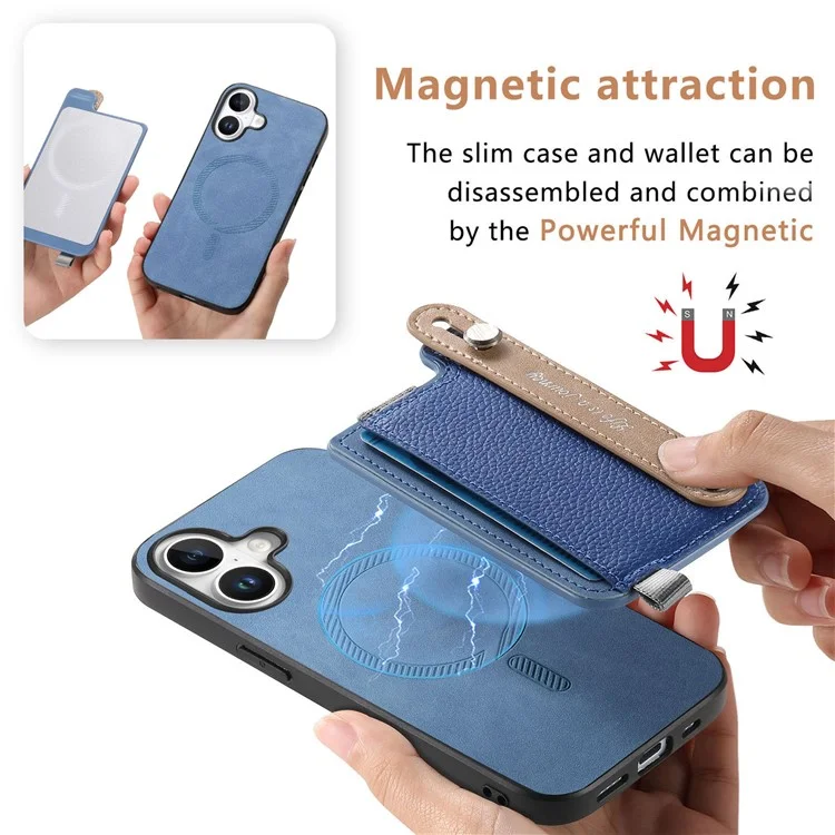 Para Iphone 16 Case Wrist Band Kickstand Leather+TPU Tampo do Telefone Destacável Suporte Para Cartão - Azul