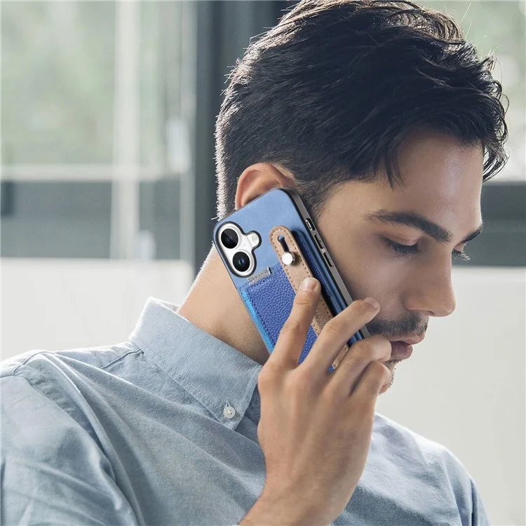 Para Iphone 16 Case Wrist Band Kickstand Leather+TPU Tampo do Telefone Destacável Suporte Para Cartão - Azul