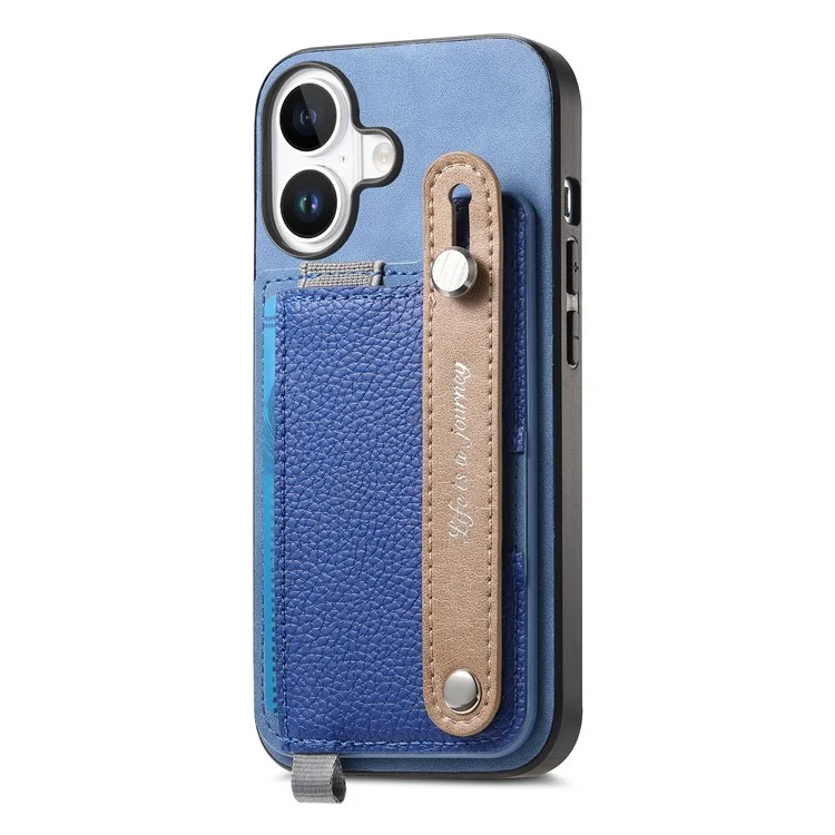 Para Iphone 16 Case Wrist Band Kickstand Leather+TPU Tampo do Telefone Destacável Suporte Para Cartão - Azul