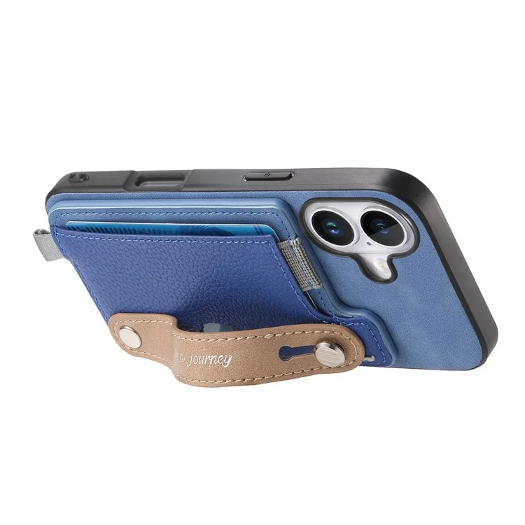 Para Iphone 16 Case Wrist Band Kickstand Leather+TPU Tampo do Telefone Destacável Suporte Para Cartão - Azul