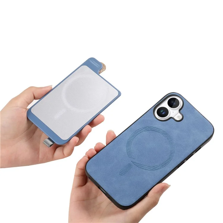 Para Iphone 16 Case Wrist Band Kickstand Leather+TPU Tampo do Telefone Destacável Suporte Para Cartão - Azul
