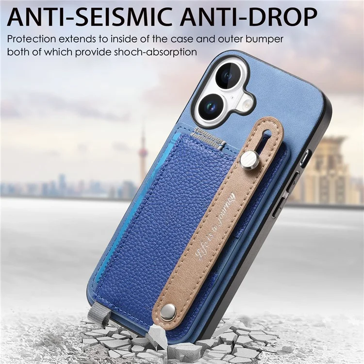 Para Iphone 16 Case Wrist Band Kickstand Leather+TPU Tampo do Telefone Destacável Suporte Para Cartão - Azul