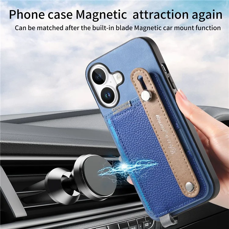 Para Iphone 16 Case Wrist Band Kickstand Leather+TPU Tampo do Telefone Destacável Suporte Para Cartão - Azul