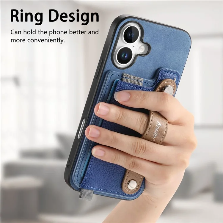 Para Iphone 16 Case Wrist Band Kickstand Leather+TPU Tampo do Telefone Destacável Suporte Para Cartão - Azul