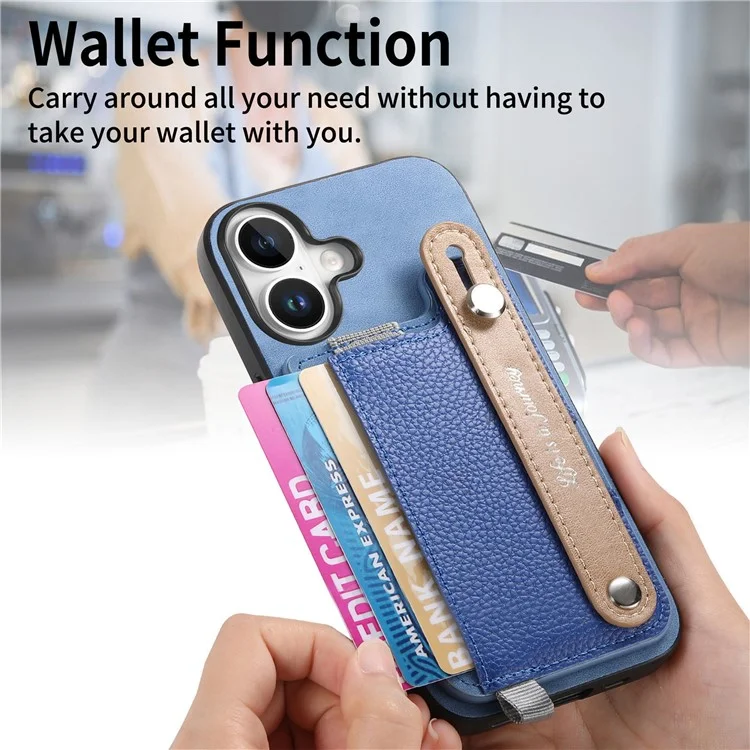 Para Iphone 16 Case Wrist Band Kickstand Leather+TPU Tampo do Telefone Destacável Suporte Para Cartão - Azul