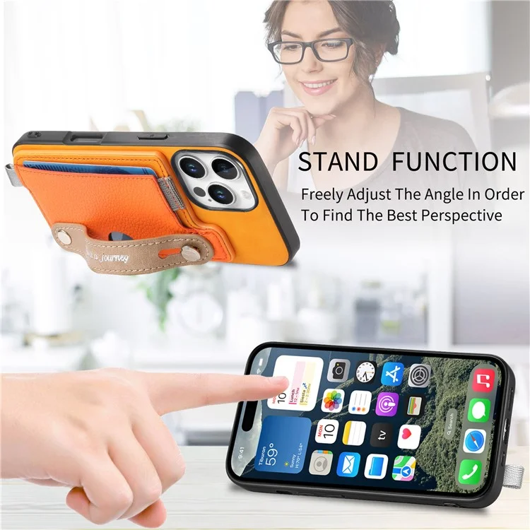 Pour L'iphone 16 Pro Max Case Wristband Kickstand Leather + Tpu Téléphone Couverture de Carte Détachable - Orange
