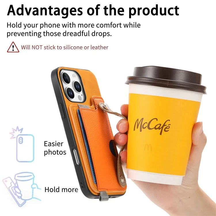 Pour L'iphone 16 Pro Max Case Wristband Kickstand Leather + Tpu Téléphone Couverture de Carte Détachable - Orange