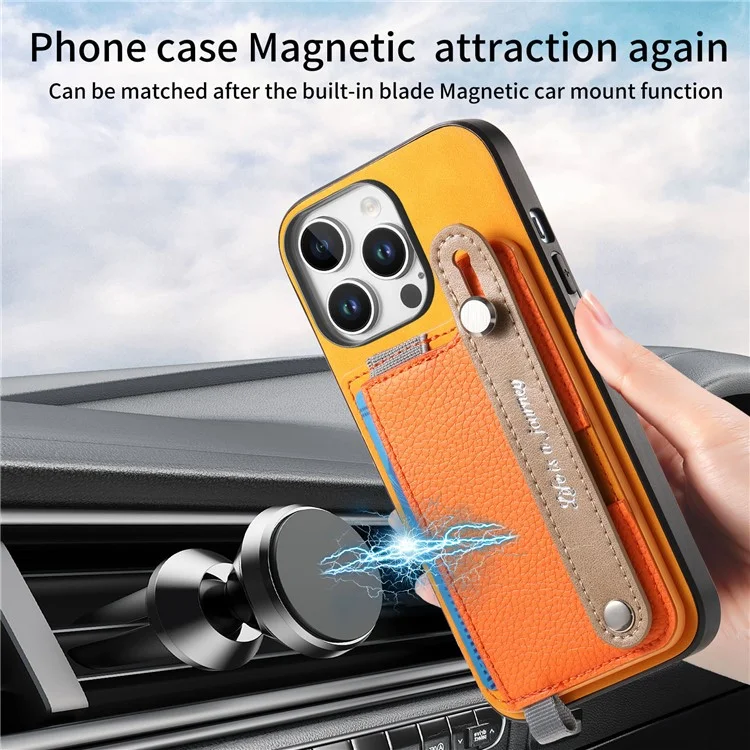 Pour L'iphone 16 Pro Max Case Wristband Kickstand Leather + Tpu Téléphone Couverture de Carte Détachable - Orange