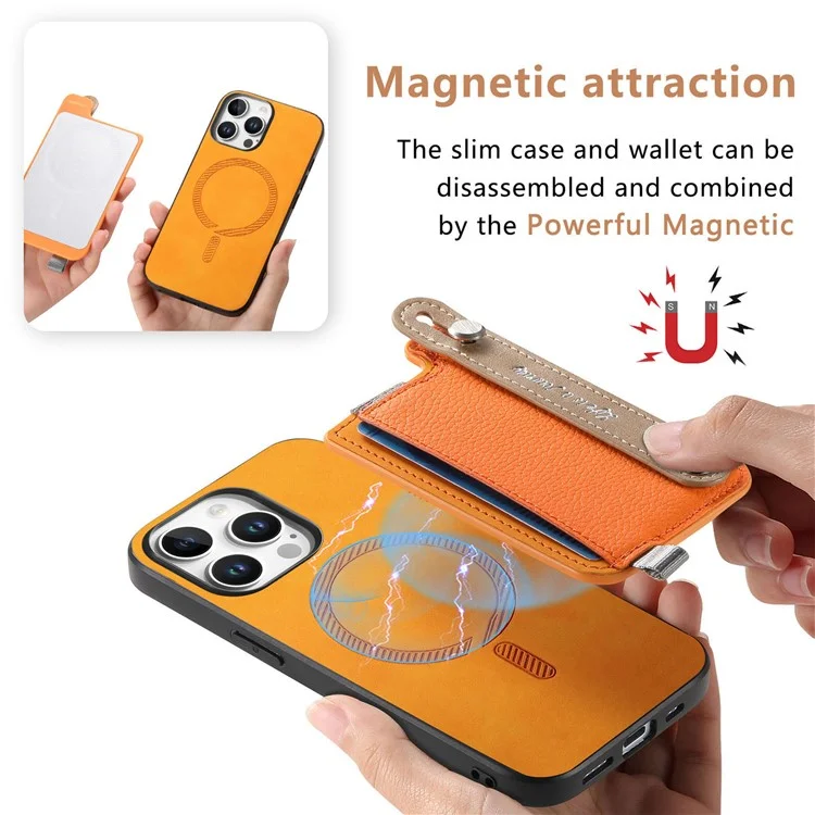 Per Iphone 16 Pro Case Case Wristband Wheadstand in Pelle+supporto Per Carta Staccabile Per Telefono Tpu - Arancia