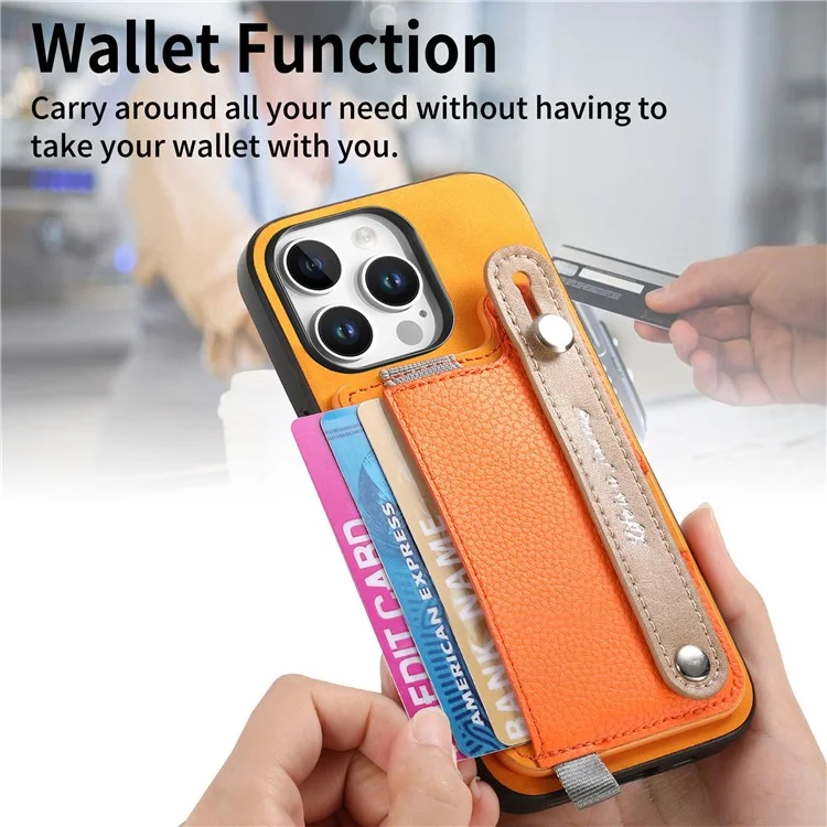 Per Iphone 16 Pro Case Case Wristband Wheadstand in Pelle+supporto Per Carta Staccabile Per Telefono Tpu - Arancia