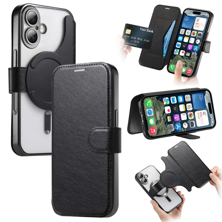 CASENEO Para iPhone 16 Plus Case com Filme de Lente TPU Shell Interno Destacável Capa de Telefone de Couro - Preto