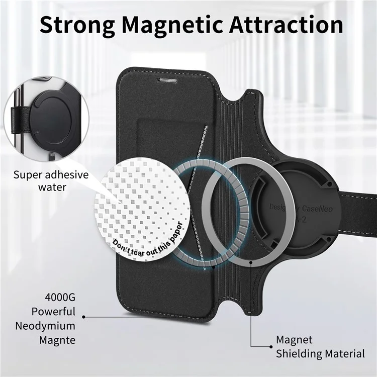CASENEO Para iPhone 16 Plus Case com Filme de Lente TPU Shell Interno Destacável Capa de Telefone de Couro - Preto