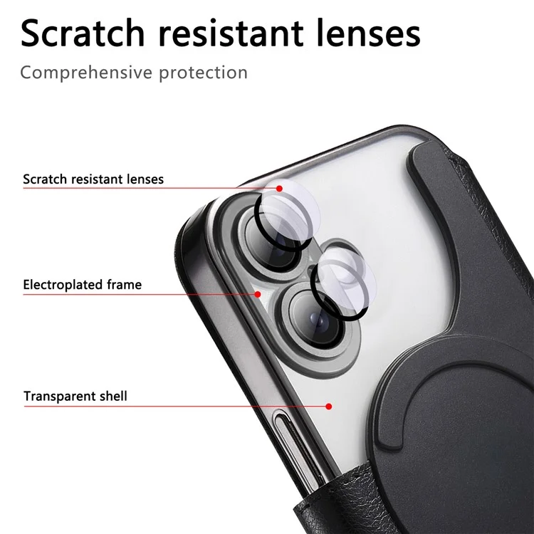 CASENEO Para iPhone 16 Plus Case com Filme de Lente TPU Shell Interno Destacável Capa de Telefone de Couro - Preto