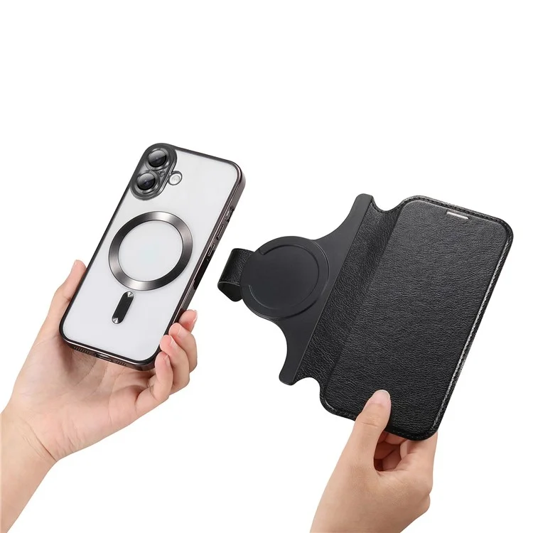 CASENEO Para iPhone 16 Plus Case com Filme de Lente TPU Shell Interno Destacável Capa de Telefone de Couro - Preto