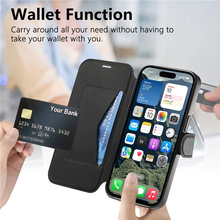 CASENEO Para iPhone 16 Plus Case com Filme de Lente TPU Shell Interno Destacável Capa de Telefone de Couro - Preto