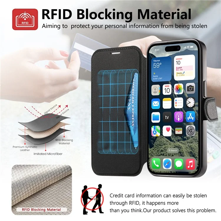 CASENEO Para iPhone 16 Plus Case com Filme de Lente TPU Shell Interno Destacável Capa de Telefone de Couro - Preto