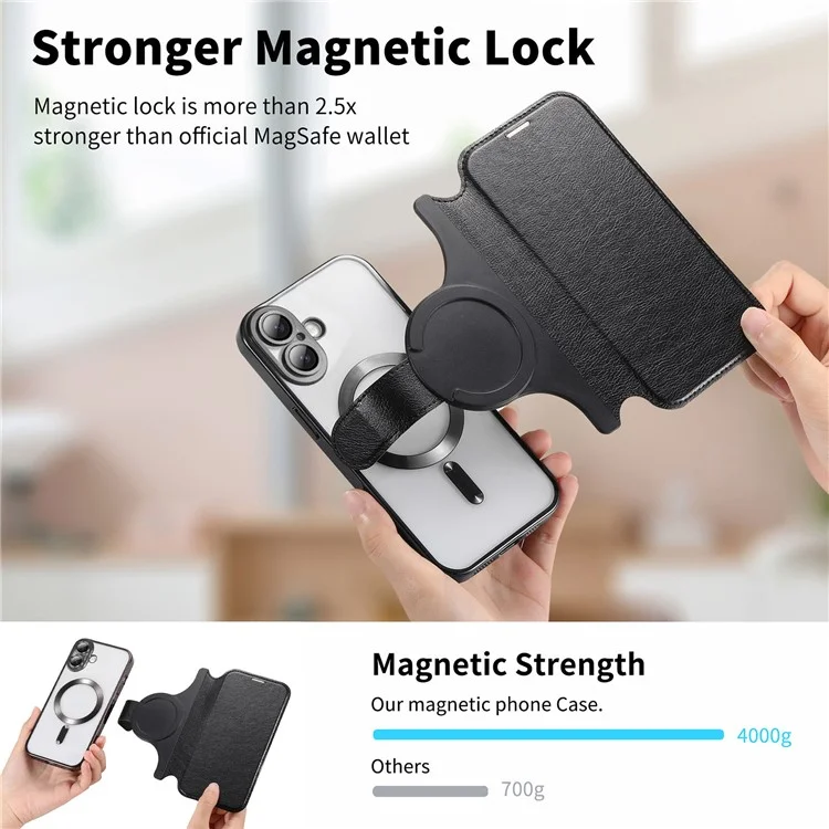CASENEO Para iPhone 16 Plus Case com Filme de Lente TPU Shell Interno Destacável Capa de Telefone de Couro - Preto