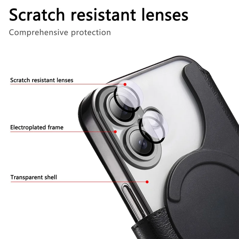CASENEO For iPhone 16 Case with Lens Film TPU Inner Shell Detachable Leather Phone Cover - Black
