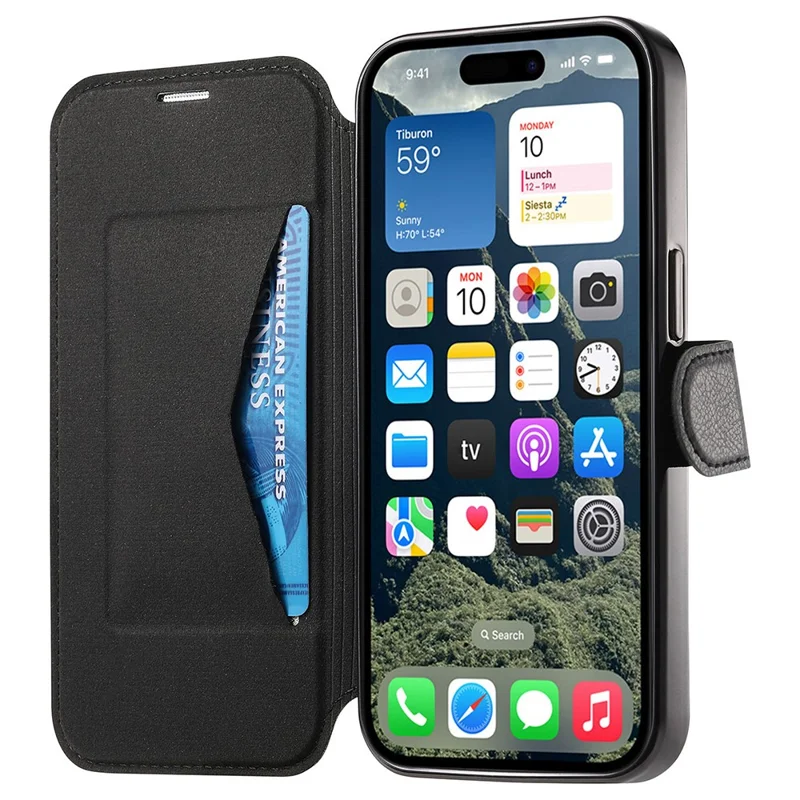 CASENEO For iPhone 16 Case with Lens Film TPU Inner Shell Detachable Leather Phone Cover - Black