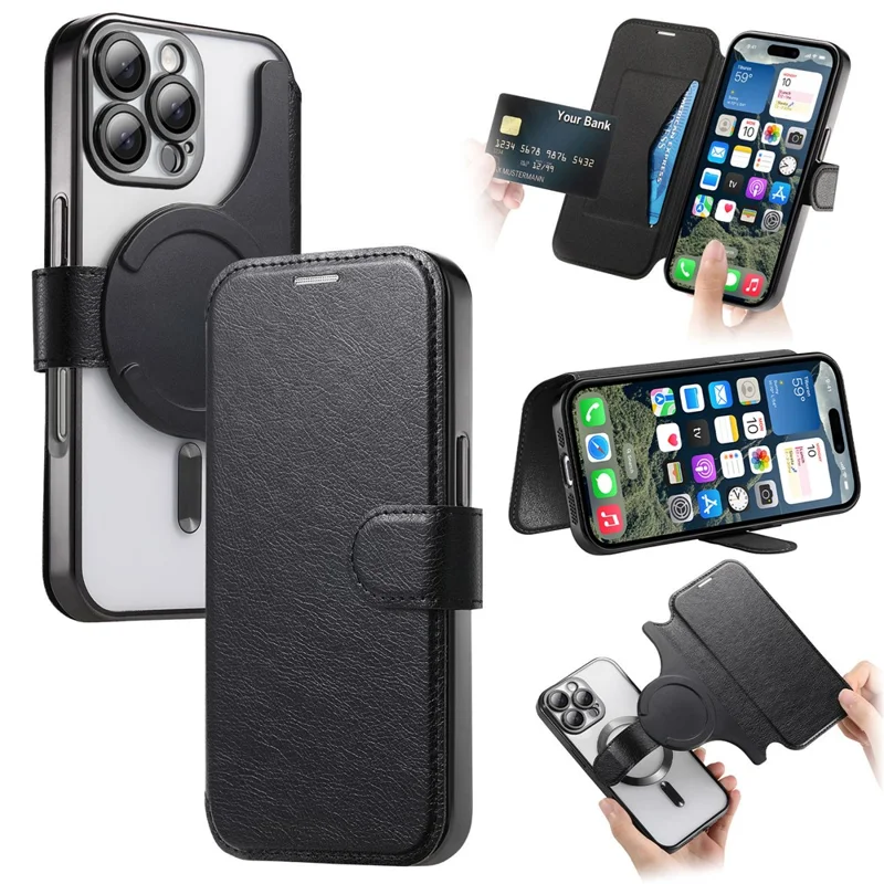 CASENEO For iPhone 16 Pro Case with Lens Film TPU Inner Shell Detachable Leather Phone Cover - Black