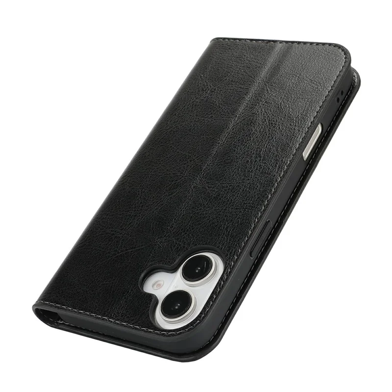 Coque iPhone 16 Plus, Texture Cheval Fou, Portefeuille en Cuir Fendu, Étui Téléphone - Noir
