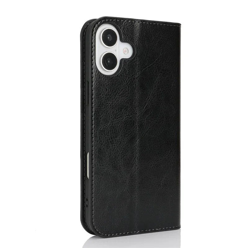 Coque iPhone 16 Plus, Texture Cheval Fou, Portefeuille en Cuir Fendu, Étui Téléphone - Noir