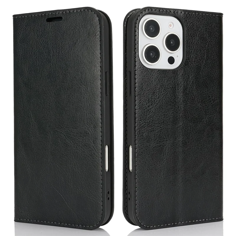 For iPhone 16 Pro Max Case Crazy Horse Texture Split Leather Wallet Phone Cover - Black