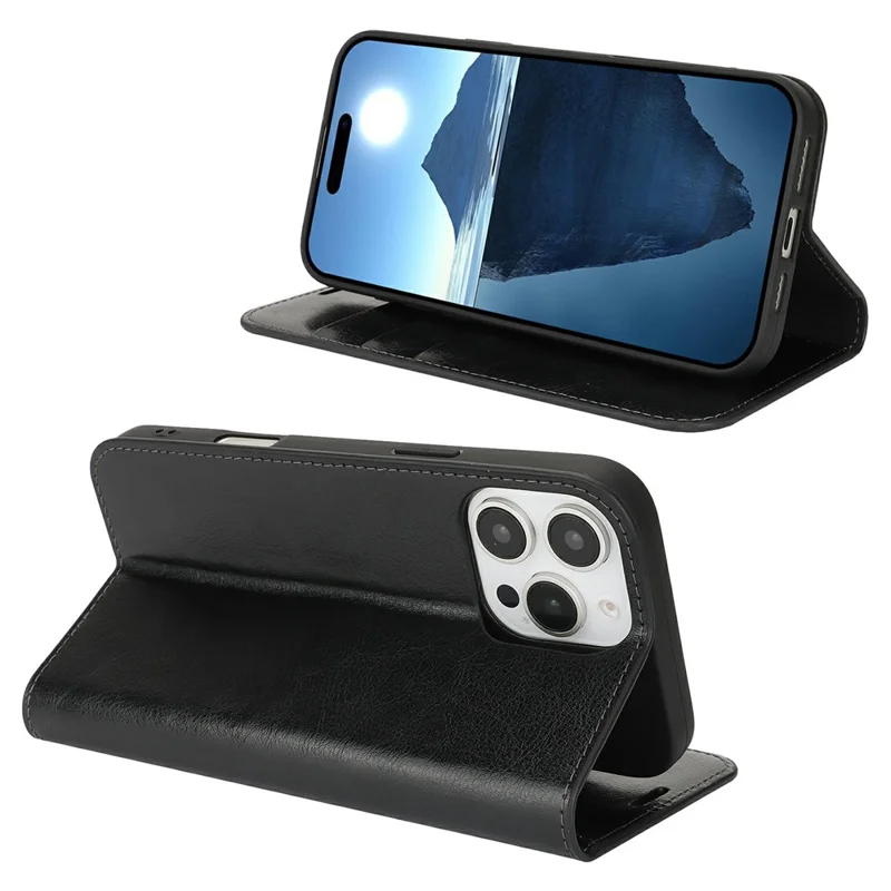 For iPhone 16 Pro Max Case Crazy Horse Texture Split Leather Wallet Phone Cover - Black