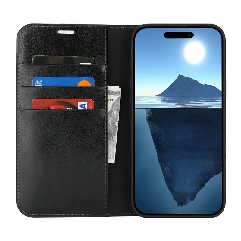 For iPhone 16 Pro Max Case Crazy Horse Texture Split Leather Wallet Phone Cover - Black