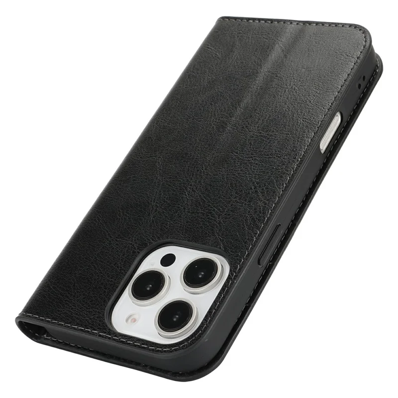 For iPhone 16 Pro Max Case Crazy Horse Texture Split Leather Wallet Phone Cover - Black