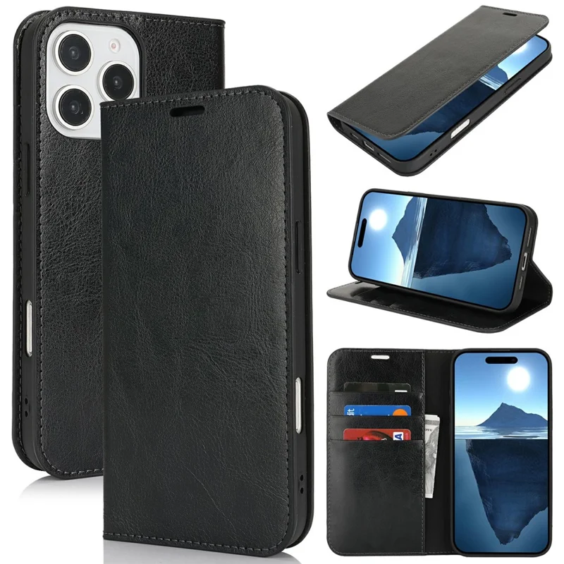 For iPhone 16 Pro Max Case Crazy Horse Texture Split Leather Wallet Phone Cover - Black