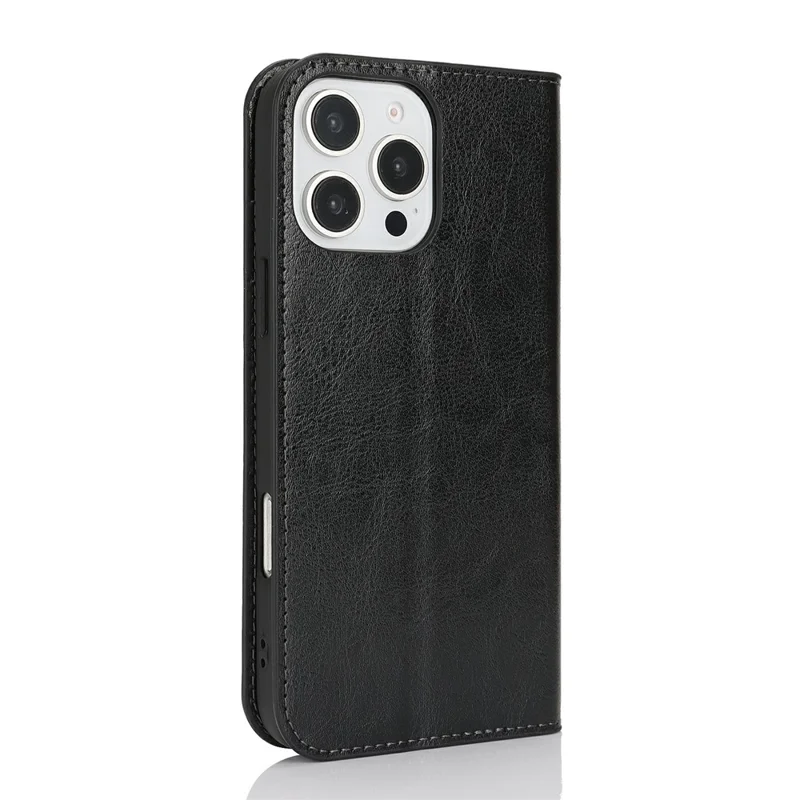 For iPhone 16 Pro Max Case Crazy Horse Texture Split Leather Wallet Phone Cover - Black