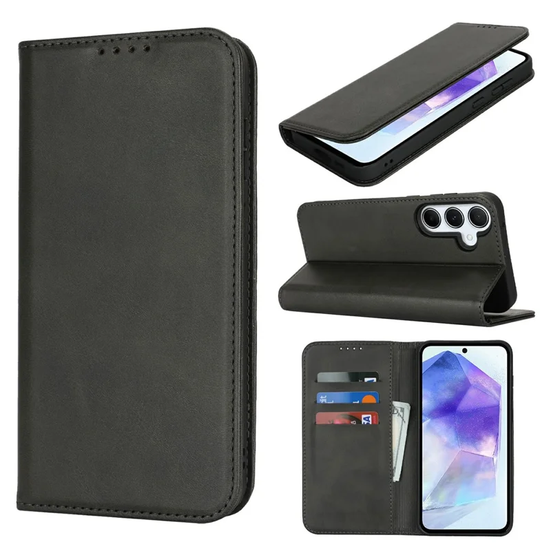 For Samsung Galaxy S24 FE Case PU Leather Calf Textured Magnetic Closing Smart Phone Cover - Black