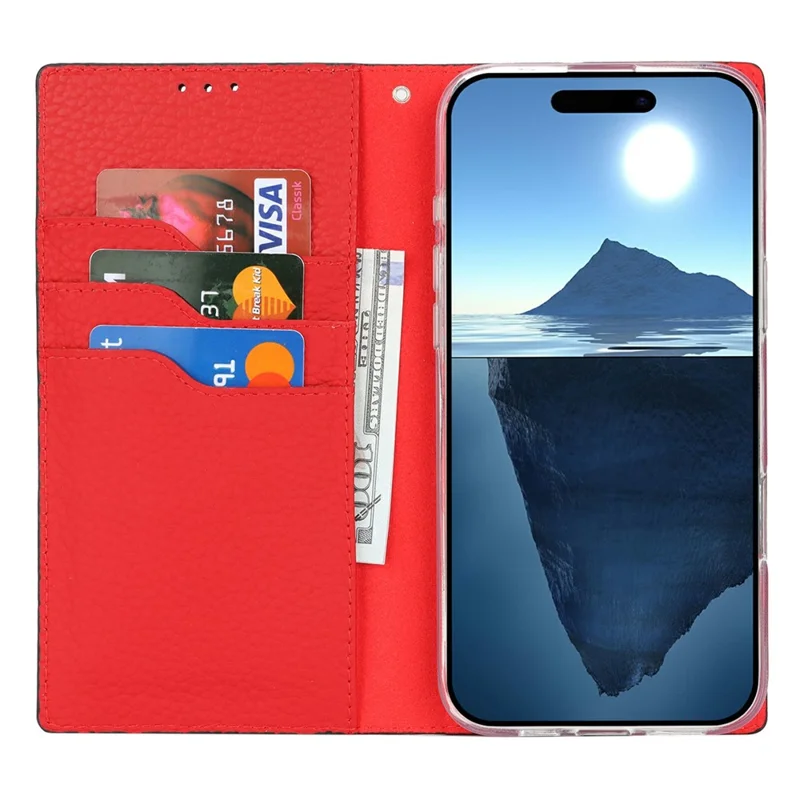 Für Das Iphone 16 Plus Brieftaschenhülle Echte Kuhleder -telefonabdeckung Litchi Textur - Schwarz