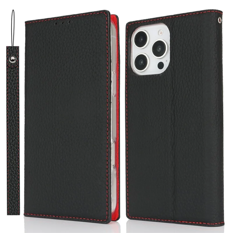 Para Iphone 16 Pro Max Wallet Case Genuino de Cuero de Vaca Portada Litchi Textura - Negro