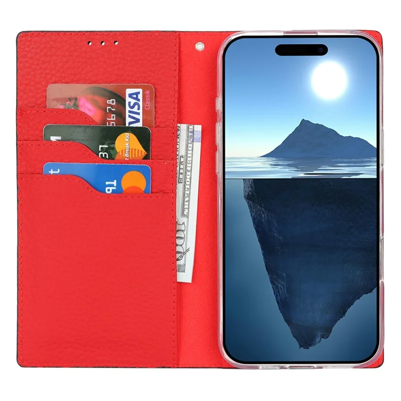 Para Iphone 16 Pro Max Wallet Case Genuino de Cuero de Vaca Portada Litchi Textura - Negro