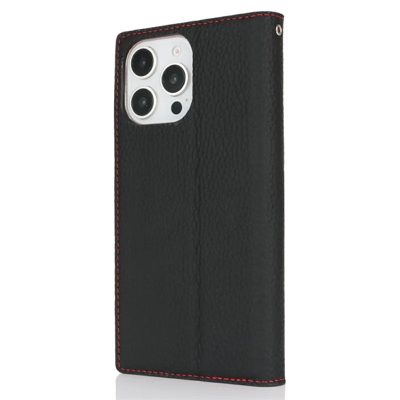Para Iphone 16 Pro Max Wallet Case Genuino de Cuero de Vaca Portada Litchi Textura - Negro