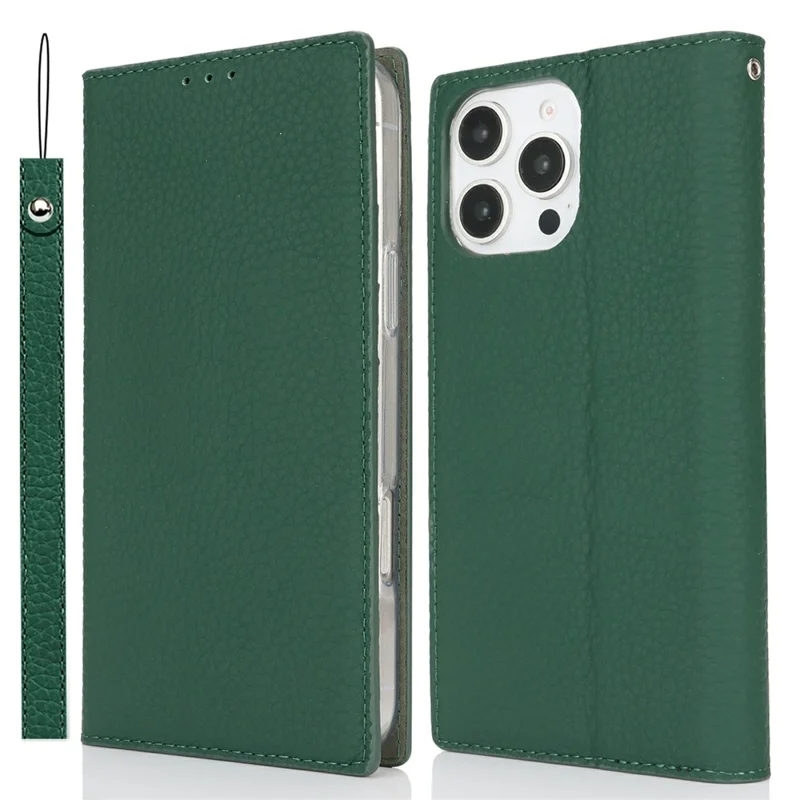 For iPhone 16 Pro Max Wallet Case Genuine Cow Leather Phone Cover Litchi Texture - Green