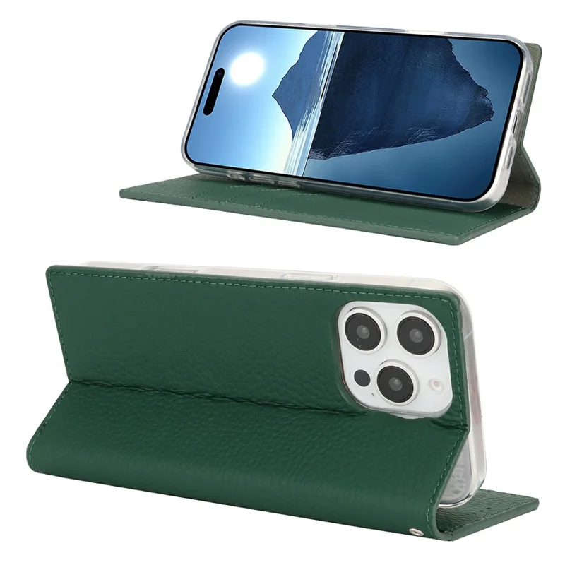 For iPhone 16 Pro Max Wallet Case Genuine Cow Leather Phone Cover Litchi Texture - Green