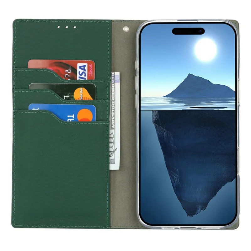 For iPhone 16 Pro Max Wallet Case Genuine Cow Leather Phone Cover Litchi Texture - Green