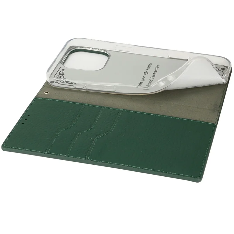 For iPhone 16 Pro Max Wallet Case Genuine Cow Leather Phone Cover Litchi Texture - Green