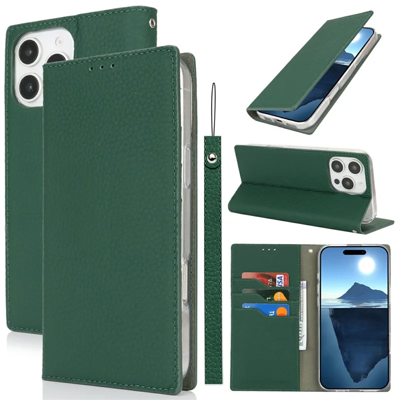 For iPhone 16 Pro Max Wallet Case Genuine Cow Leather Phone Cover Litchi Texture - Green
