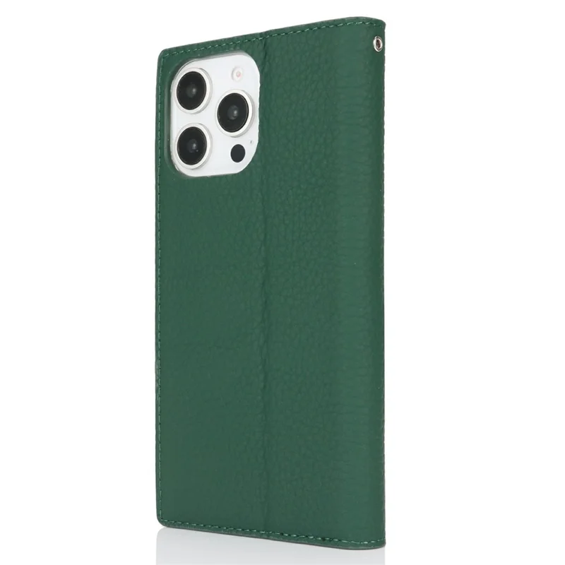 For iPhone 16 Pro Max Wallet Case Genuine Cow Leather Phone Cover Litchi Texture - Green