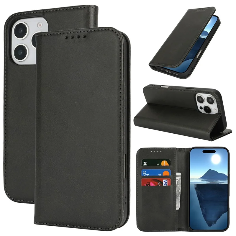 Para Iphone 16 Pro Case PU Leather Calf Cierre Magnético Magnético Portada de Teléfono Inteligente - Negro