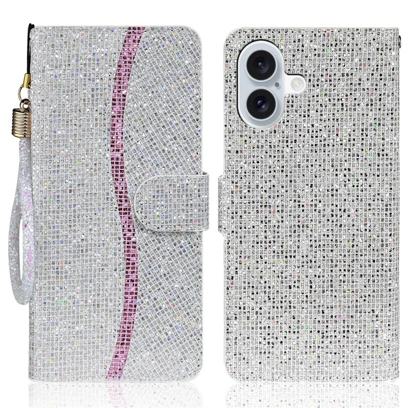 For iPhone 16 Plus Case PU Leather Wallet Card Slots Glitter Phone Cover - Silver