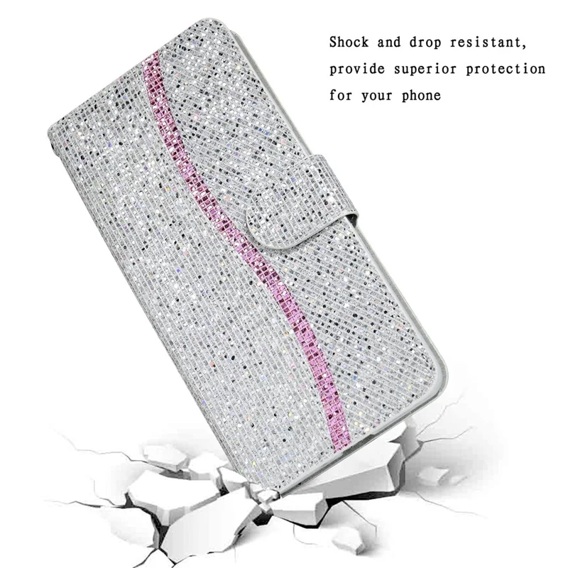 For iPhone 16 Plus Case PU Leather Wallet Card Slots Glitter Phone Cover - Silver