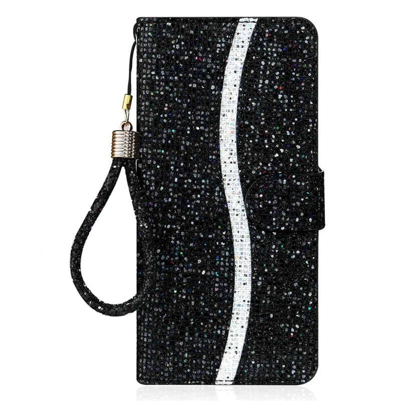 For iPhone 16 Pro Max Case PU Leather Wallet Card Slots Glitter Phone Cover - Black
