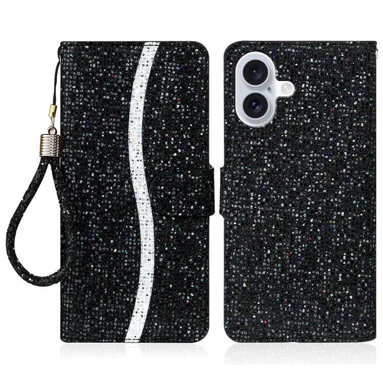 Для Iphone 16 Case PU Кожаные Кошельки Для Карты Slots Glitter Phone Cover - Черный