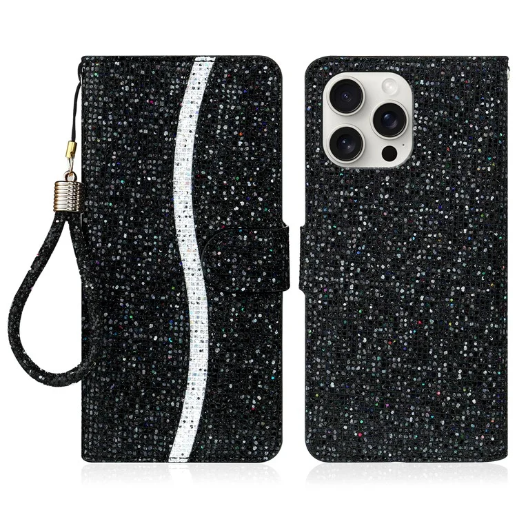 Para Iphone 16 Pro Case PU Pula Blandet Cards Cubierta Del Teléfono - Negro