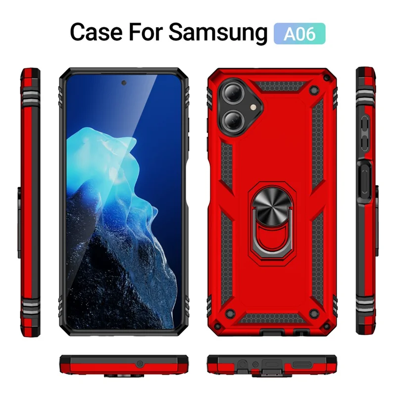 For Samsung Galaxy A06 4G Case PC+TPU Phone Cover with Rotary Ring Kickstand - Red